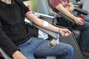 Na zdjęciu widoczna ręka osoby oddającej krew, siedzącej w ambulansie do pobierania krwi.