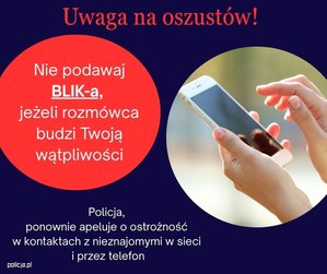 Grafika przedstawia telefon komórkowy trzymany w rękach oraz napis "uwaga na oszustów'