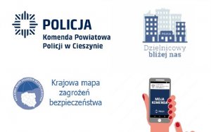 logo aplikacji moja komenda, krajowej mapy zagrożeń , cieszyńskiej policji i programu dzielnicowy bliżej nas