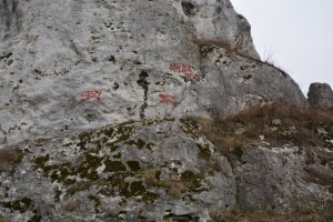napisy typu graffiti naniesione czerwoną farba na elewacje różnych obiektów z kamienia we Mstowie