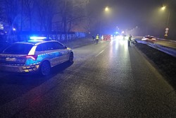 Zdjęcie przedstawia miejsce wypadku oraz oznakowany policyjny radiowóz.