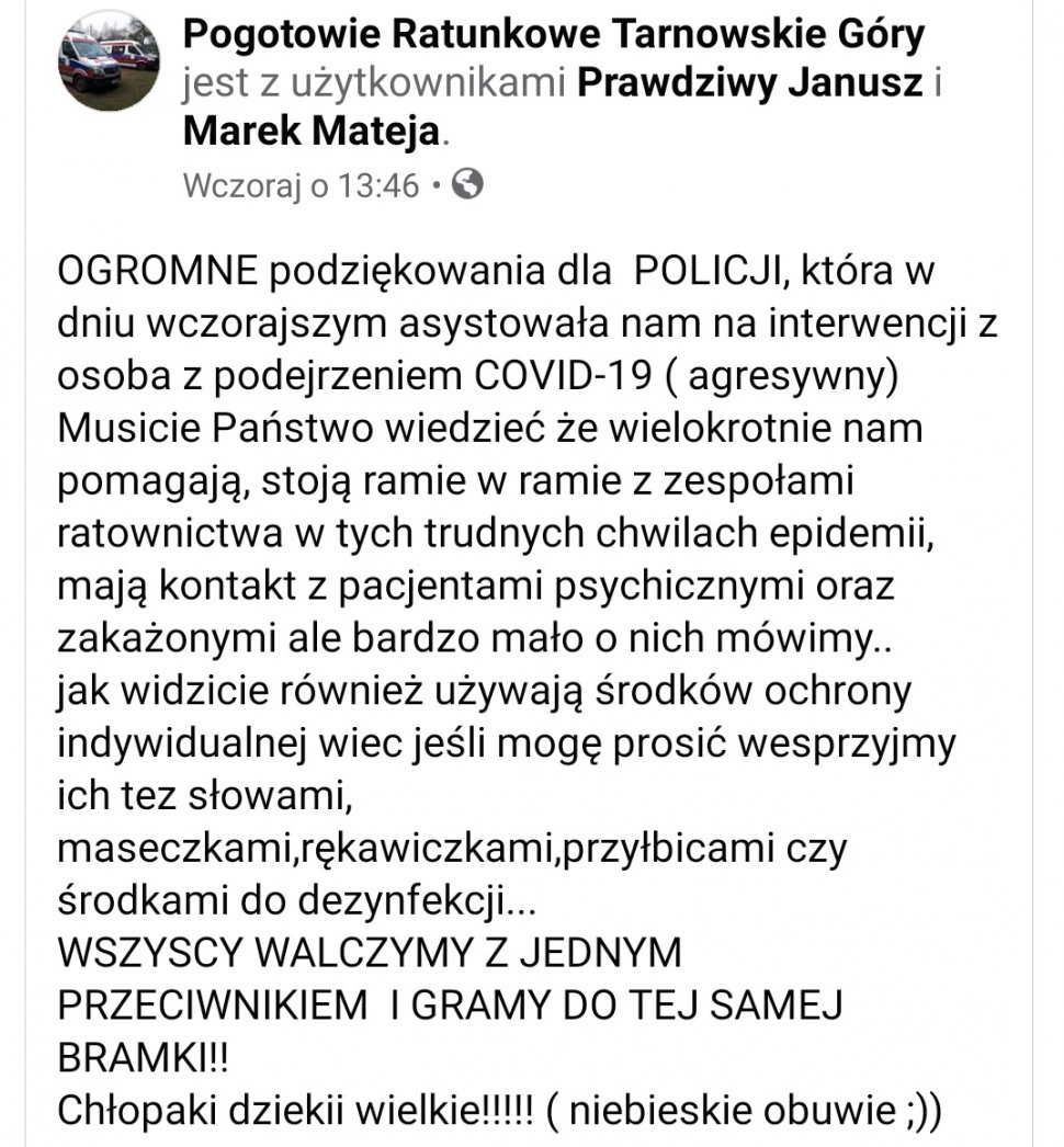 Zdjęcie postu Pogotowia Ratunkowego w Tarnowskich Górach, w którym Ratownicy Medyczni dziękują policjantom za pomoc podczas interwencji z osobą z podejrzeniem COVID -19 