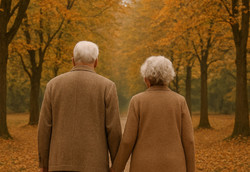 Na zdjęciu widoczna para seniorów idąca przez park. Zdjęcie: AI.