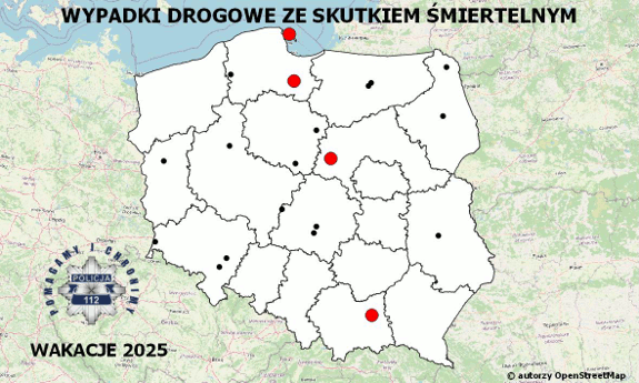 Policyjna mapa wypadków drogowych ze skutkiem śmiertelnym – Wakacje 2025