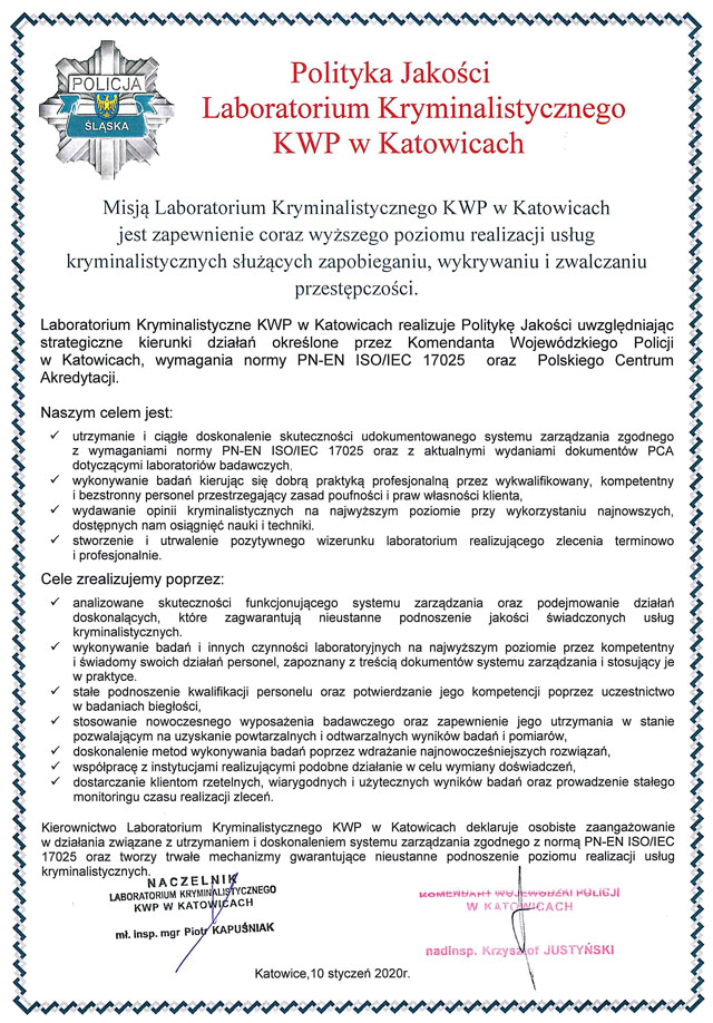Dokument Polityki Jakości Laboratorium Kryminalistycznego KWP w Katowicach