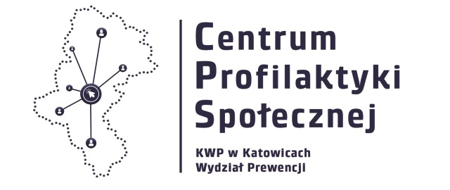 Logo przedstawiające zarys województwa śląskiego ze schematem połączeń i napisem: Centrum Profilaktyki Społecznej KWP w Katowicach Wydział Prewencji  