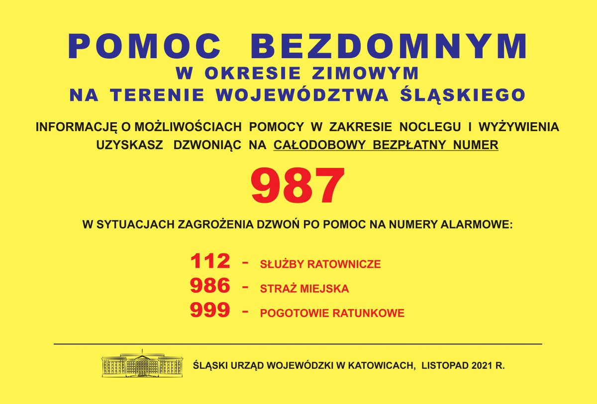 Żółty plakat, na którym znajdują się numery telefonów, pod którymi można szukać pomocy w zakresie noclegu i wyżywienia oraz wskazujące, gdzie należy dzwonić w przypadku zagrożenia.