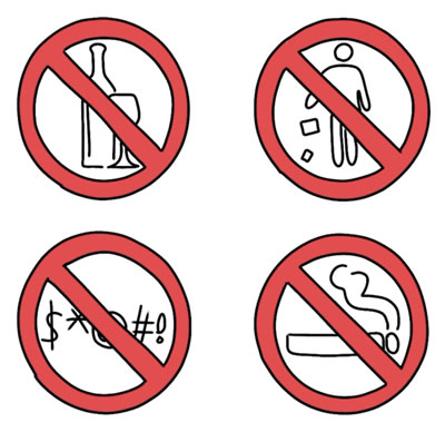 Grafika prezentacyjna w formie rysunku odręcznego: znaki zakazu ukazujące symbolicznie spożywanie alkoholu, śmiecenie, używanie słów wulgarnych, palenie tytoniu