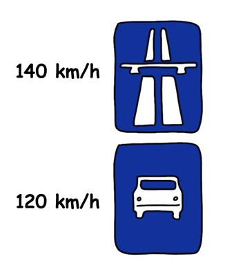 Grafika prezentacyjna w formie rysunku odręcznego: znak informujący o autostradzie, znak informujący o drodze szybkiego ruchu wraz z dozwolonymi prędkościami