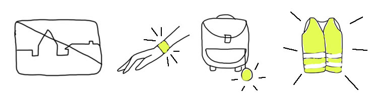 Grafika prezentacyjna w formie rysunku odręcznego: znak/symbol terenu niezabudowanego, odblaskowa opaska na ręce, odblaskowa przywieszka na plecaku, kamizelka odblaskowa
