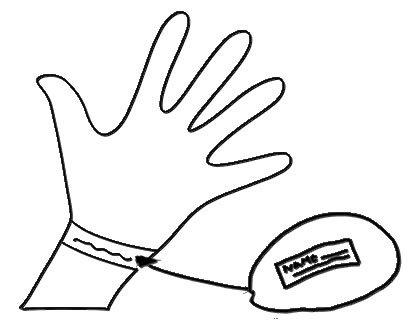 Grafika prezentacyjna w formie rysunku odręcznego: wskazane zapiski o dziecku, które umieszczono na opasce na ręce