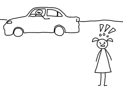 Grafika prezentacyjna w formie rysunku odręcznego: w tle samochód osobowy, z kierowcą, który mówi coś do dziecka, na pierwszym planie dziecko, które krzyczy aby zwrócić na siebie uwagę 
