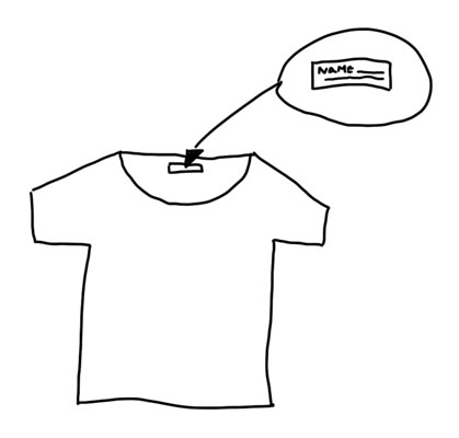 Grafika prezentacyjna w formie rysunku odręcznego: koszulka z zaznaczoną metką, na której umieszczono dane o dziecku