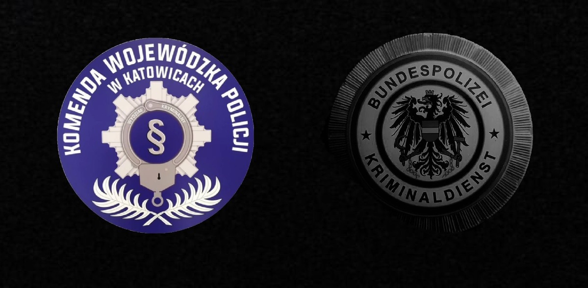 zdjęcie przedstawia logo Wydziału Kryminalnego Komendy Wojewódzkiej Policji w Katowicach oraz logo austryjackich policjantów