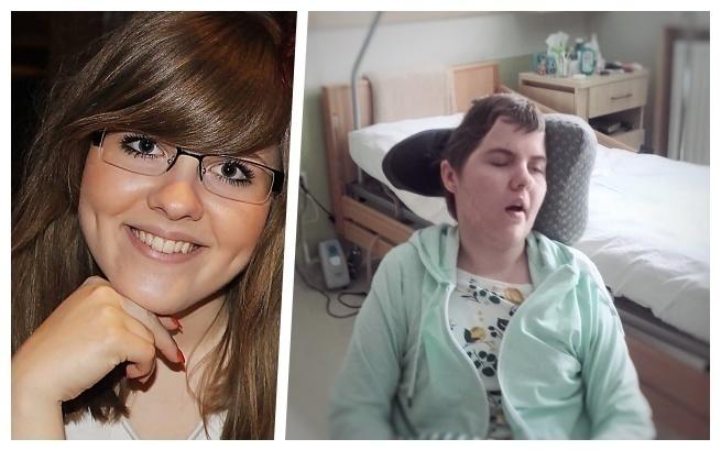 Dwa zdjęcia kobiety, z lewej jej twarz, z prawej siedząca na wózku inwalidzkim