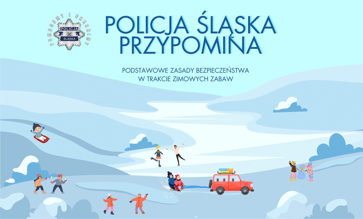 Plakat z napisem policja śląska przypomina podstawowe zasady bezpieczeństwa w trakcie zimowych zabaw. W tle góry, smaochód i dzieci bawiące się na śniegu.