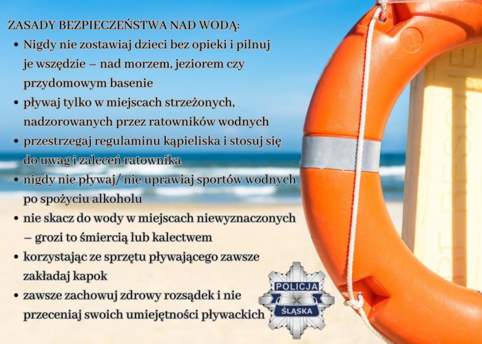 Plakat z podstawowymi zasadami bezpieczeństwa nad wodą