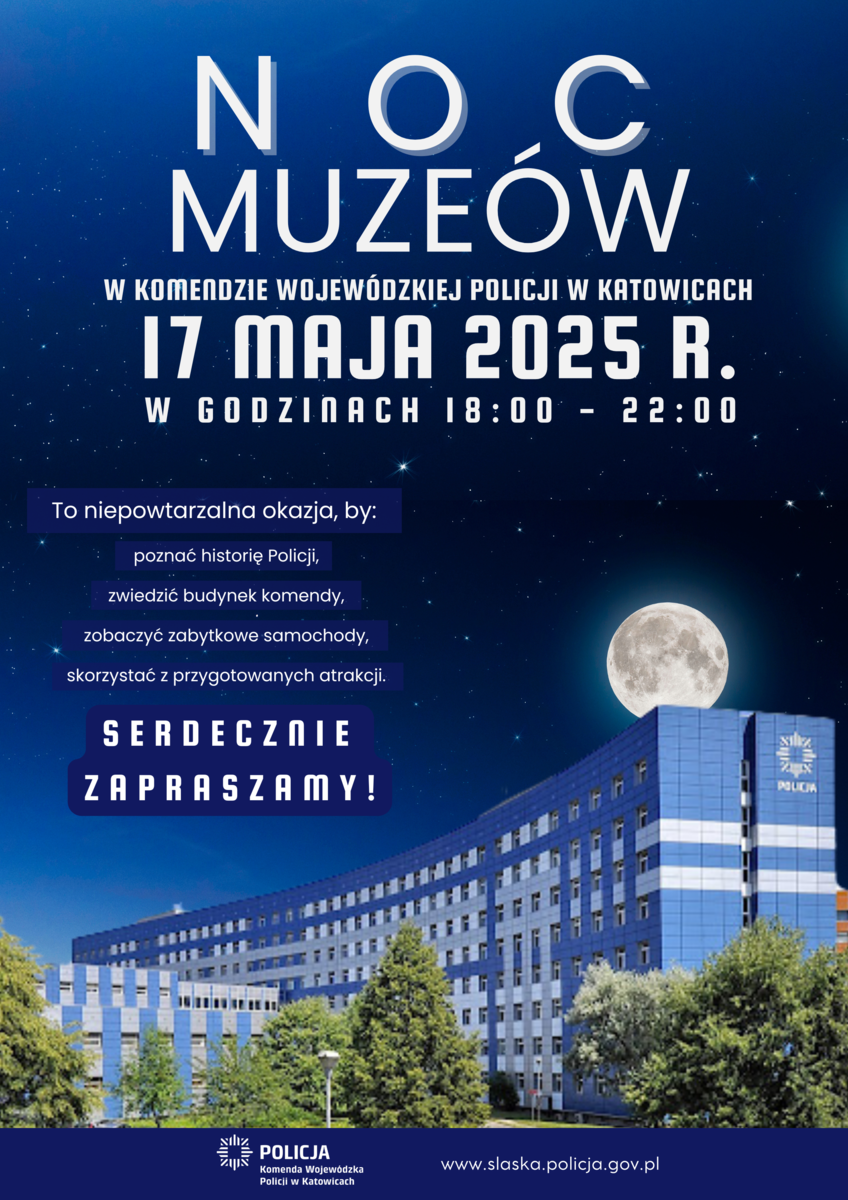 Plakat dotyczący nocy muzeów z informacjami znajdującymi się w tekście. 