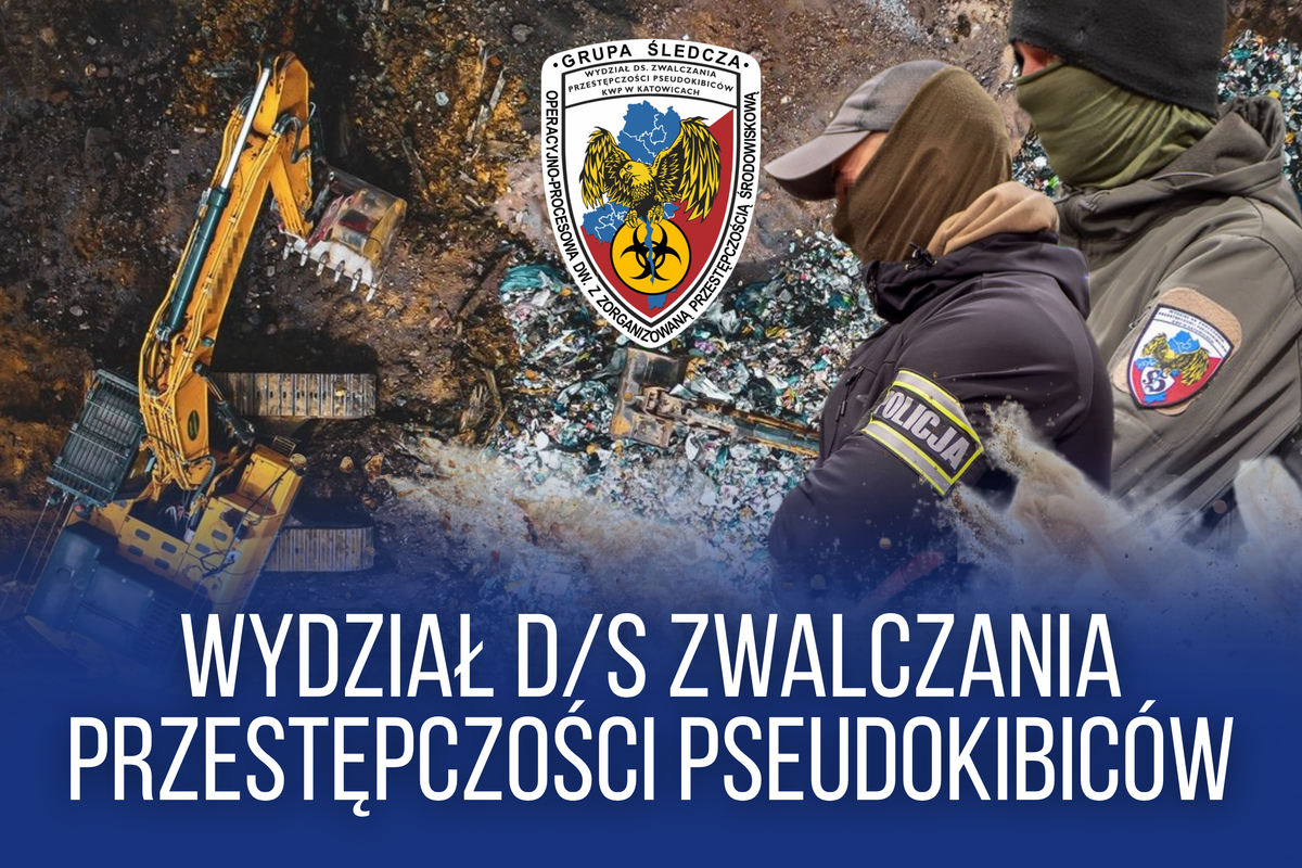 grafika przedstawia widok z góry na koparki na nielegalnym składowisku odpadów, z prawej strony policjant w hełmie balistycznym z długą bronią