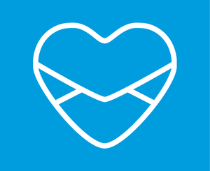 Logo - koperta w kształcie serca na niebieskim tle.