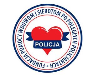 Okrągłe logo. Wokół napis Fundacja Pomocy Wdowom i Sierotom po Poległych Policjantach, na środku znajduje się czerwone serce i napis Policja.
