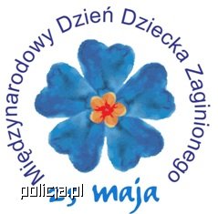 Czterolistna niebieska koniczynka i napis 25 maja Międzynarodowy Dzień Dziecka Zaginionego