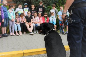 Zdjęcie kolorowe. Widoczny policjant przewodnik psa służbowego oraz jego pies służbowy, a także uczestnicy spotkania, głównie dzieci