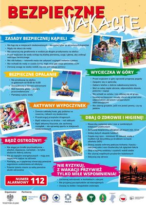 Plakat pt. Bezpieczne wakacje, zawierający porady dotyczące bezpieczeństwa podczas wakacji