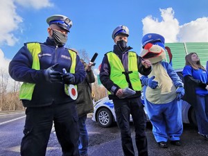 Widoczni policjanci i uczestnicy działań podczas kontroli autokarów przy autostradzie DK 81 w Ochabach Małych (zjazd na Wiślicę)