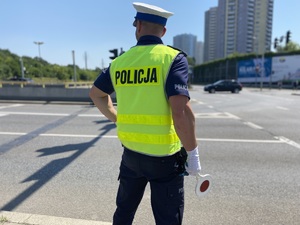 policjant stoi przy drodze, w ręce trzyma tarczę do zatrzymywania pojazdów