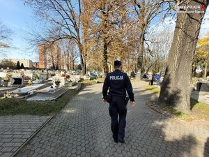 Zdjęcie. Widoczny umundurowany policjant obok cmentarza, w tle cmentarz