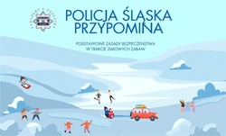 Zdjęcie przedstawia grafikę na której widnieje napis POLICJA ŚLĄSKA PRZYPOMINA PODSTAWOWE ZASADY BEZPIECZEŃSTWA W TRAKCIE ZIMOWYCH ZABAW. Poniżej widoczna grafika gór zimą, widoczne dzieci zjeżdżające na sankach, rzucające się śnieżkami, ludzie jeżdżący na łyżwach po jeziorze, oraz kulig za samochodem.