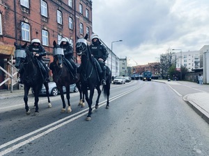 Policyjni jeźdźcy na koniach, a w tle idący ulicą umundurowani policjanci