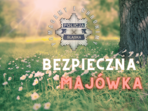 Grafika przedstawiająca leśny zagajnik i napis bezpieczna majówka.