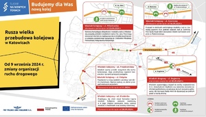 Mapa z zaznaczonymi miejscami gdzie wystąpią utrudnienia w ruchu drogowym.