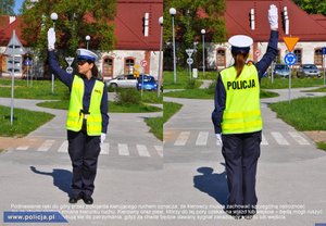 Na zdjęciu widać policjantkę, która pokazuje postawy podczas kierowania ruchem.