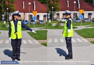 Na zdjęciu widać policjantkę, która pokazuje postawy podczas kierowania ruchem.