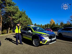 Na zdjęciu policjant obok radiowozu.