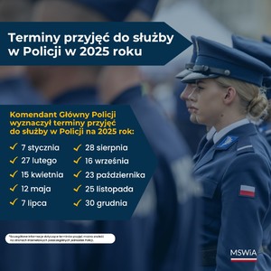 zdjęcie kolorowe przedstawia policjantkę w mundurze oraz terminy przyjęć do Policji na 2025 rok