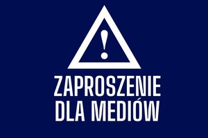 infografika przedstawiająca napis zaproszenie dla przedstawicieli mediów obok logo śląskiej policji oraz trójkąt z wykrzyknikiem w środku