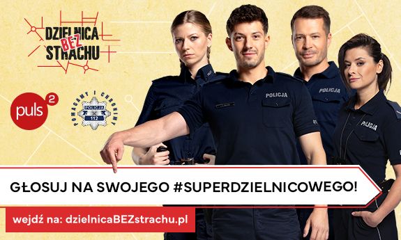 plakat z fotografią policjantów dotyczącego konkursu dzielnicowych