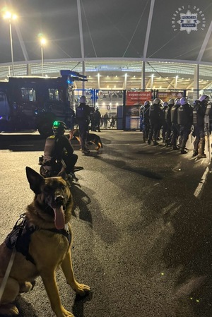 Policjanci zabezpieczający mecz stojący na tle Stadionu. Na pierwszym planie policyjny pies