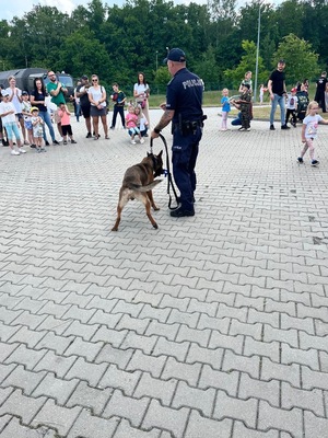 Zdjęcie przedstawia policjanta wraz z psem służbowym a w tle są rodziny z dziećmi