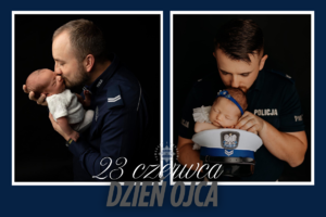zdjęcie przedstawia dwóch policjantów trzymających na rękach dzieci