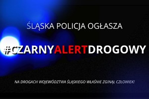 grafika z napisem śląska policja ogłasza czarny alert drogowy na drogach województwa śląskiego właśnie zginął człowiek