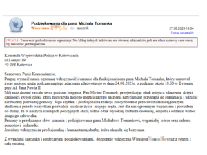 Na zdjęciu widoczna jest treść wiadomość mailowej wyrażającej podziękowania dla funkcjonariusza Policji za udzieloną pomoc.
