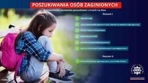 Na zdjęciu widać siedzącą na ławce dziewczynkę. Obok niej zawarte są informacje dotyczące zmiany liczby poziomów poszukiwań z trzech na dwa w sprawie poszukiwania osób zaginionych