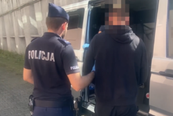 Zdjęcie przedstawia policjanta, który nadzoruje osobę zatrzymaną
