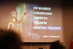 zdjęcie przedstawia ekran, na którym wyświetlana jest grafika, z lewej strony widoczna rzeźba, z prawej napis &amp;quot;Etap Wojewódzki V Ogólnopolskiego konkursu dla policjantów - oskarżycieli publicznych&amp;quot;