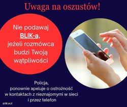 Grafika przedstawia telefon komórkowy trzymany w rękach oraz napis &quot;uwaga na oszustów&#039;
